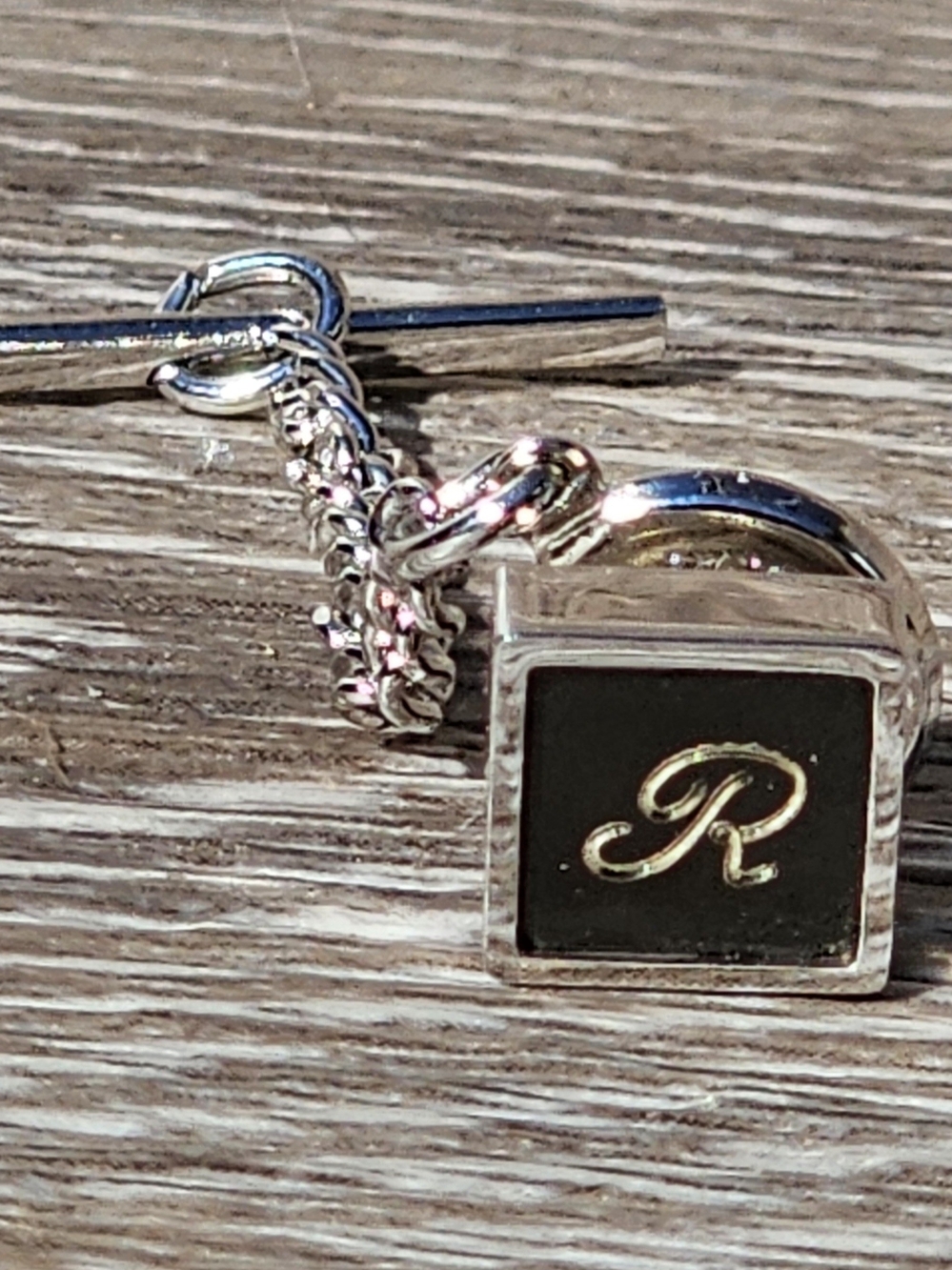 Vintage Hickok R Monogram Sterling Silver & Black Enamel Tie Tack